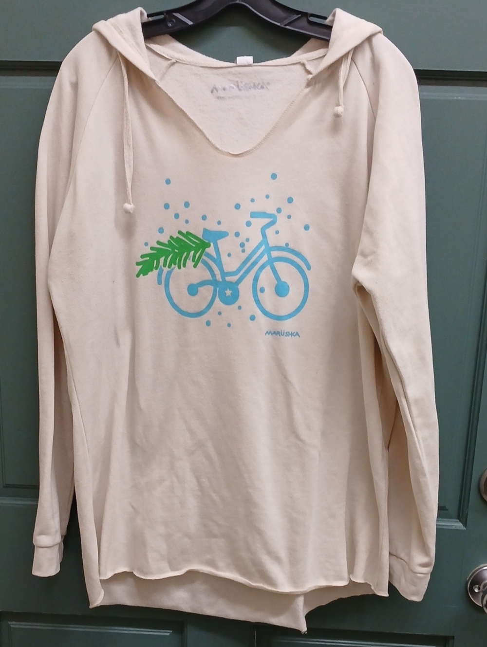 Marushka  Cream Hoodie with Blue Bicycle Graphic Size Large
